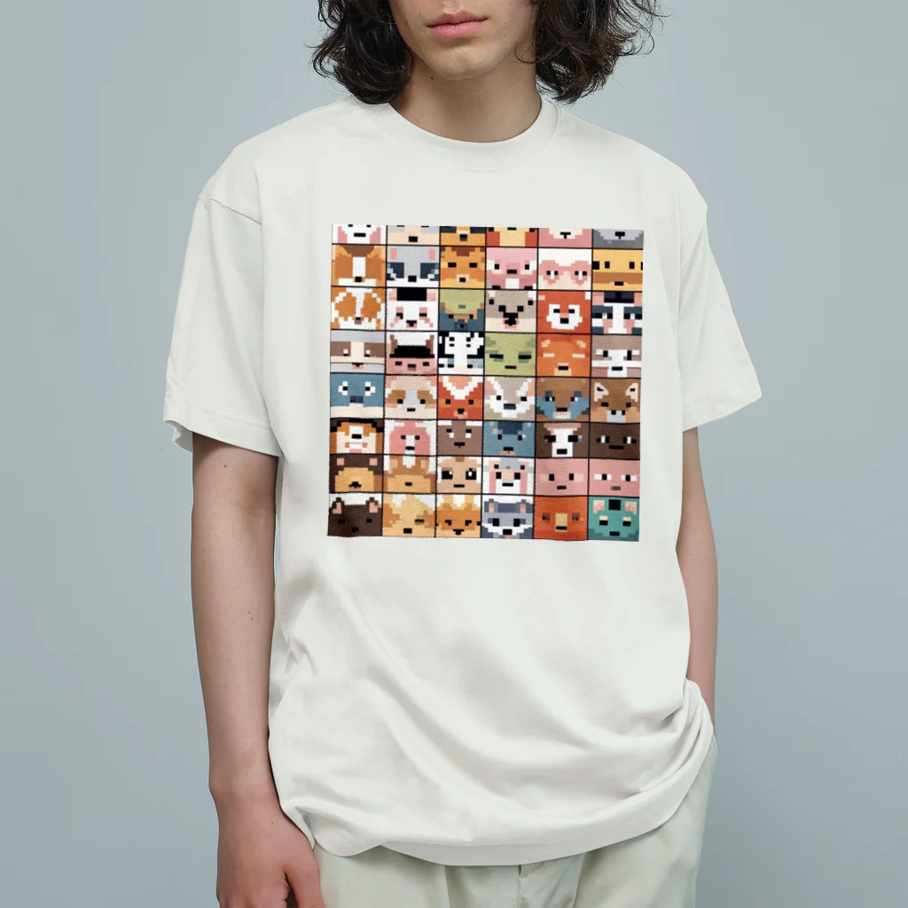 動物ドットの動物顔ブロック オーガニックコットンTシャツ