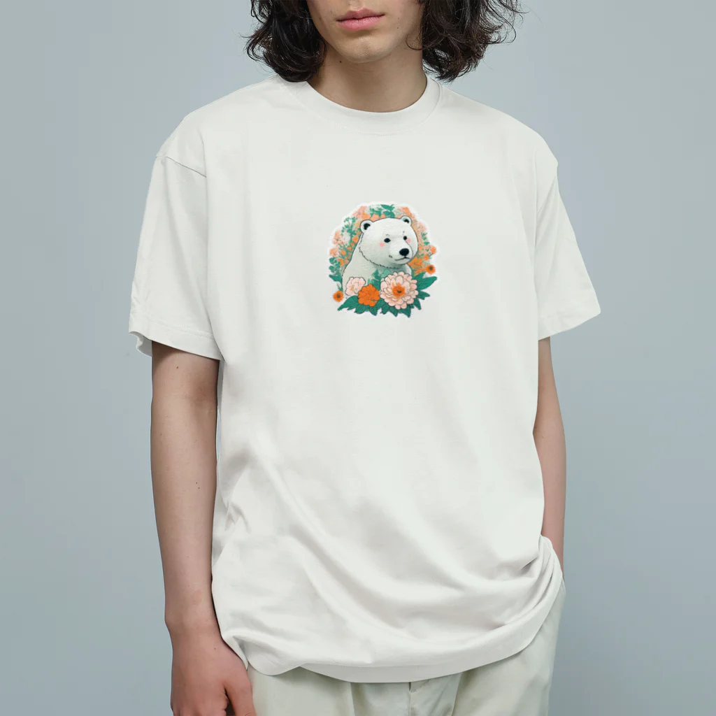 りんりんの可愛いシロクマちゃんショップ　かわいいよ！の花に囲まれている白くま Organic Cotton T-Shirt