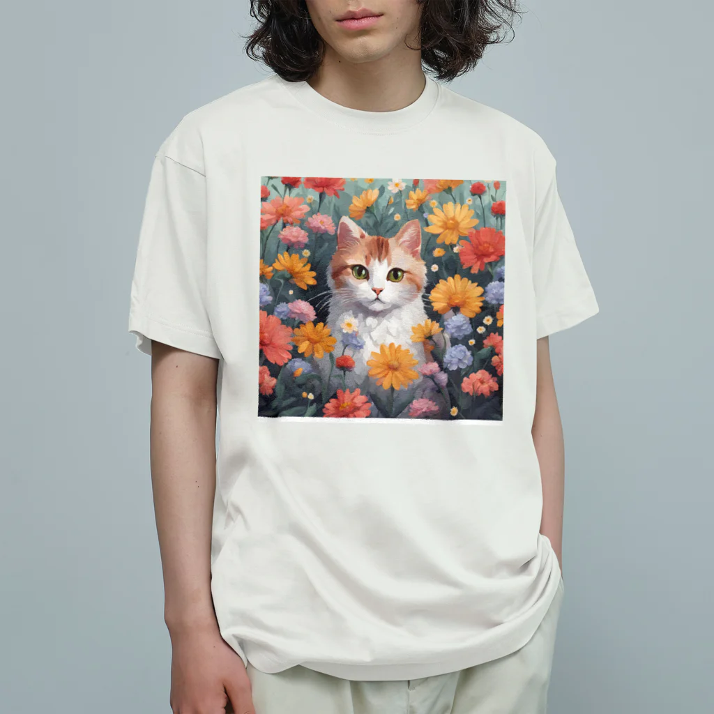 FLOWERアニマルのロココFLOWERキャットコスモス オーガニックコットンTシャツ