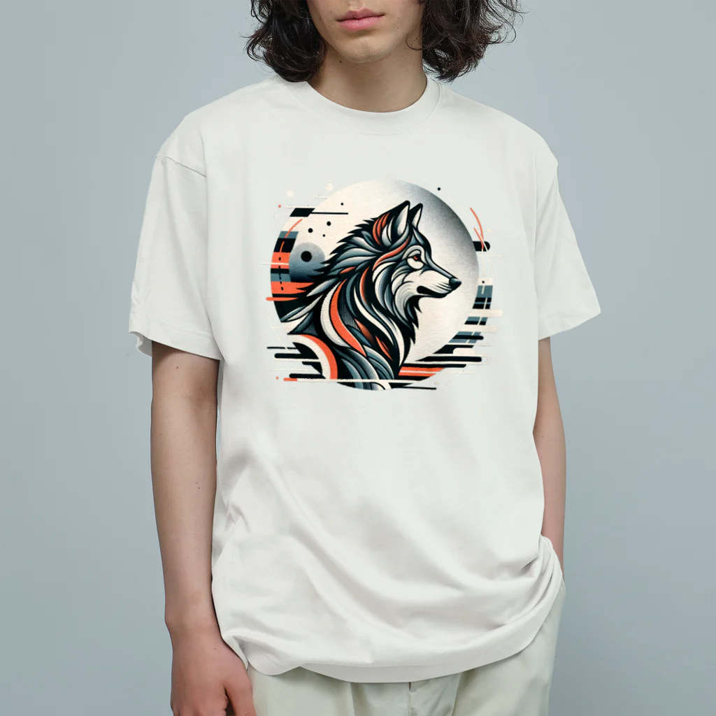 MirofuruDesignのスタイリッシュな狼ポートレートアート オーガニックコットンTシャツ