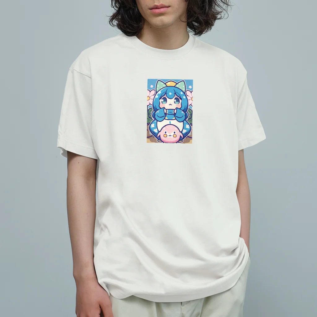 カピパーラ🐻の青い髪の姫とピンクのかわいい生物♪ Organic Cotton T-Shirt