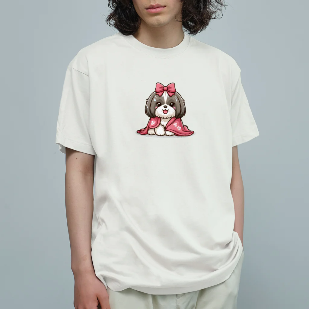 ワンコとにゃんちゃんズの毛布にくるまるシーズー Organic Cotton T-Shirt