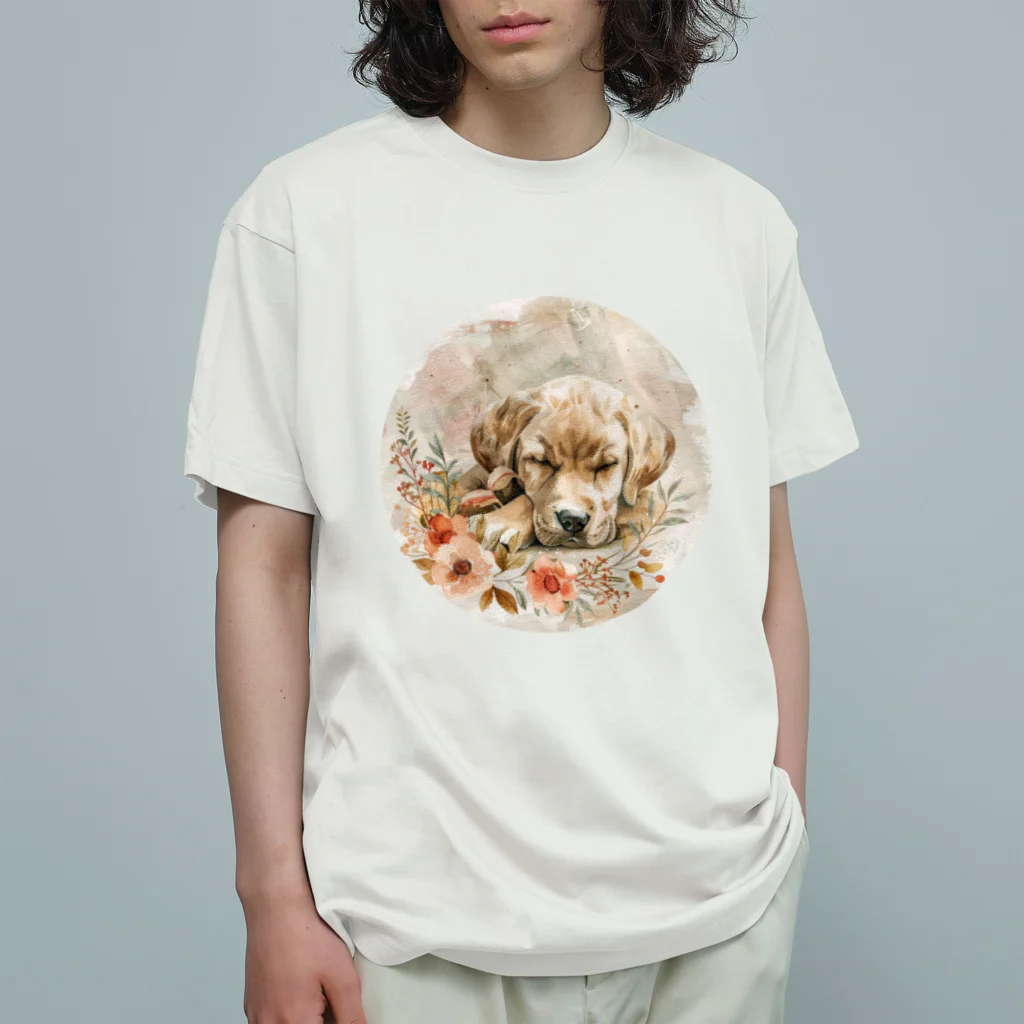 Petia Bloomの水彩風犬と花 オーガニックコットンTシャツ