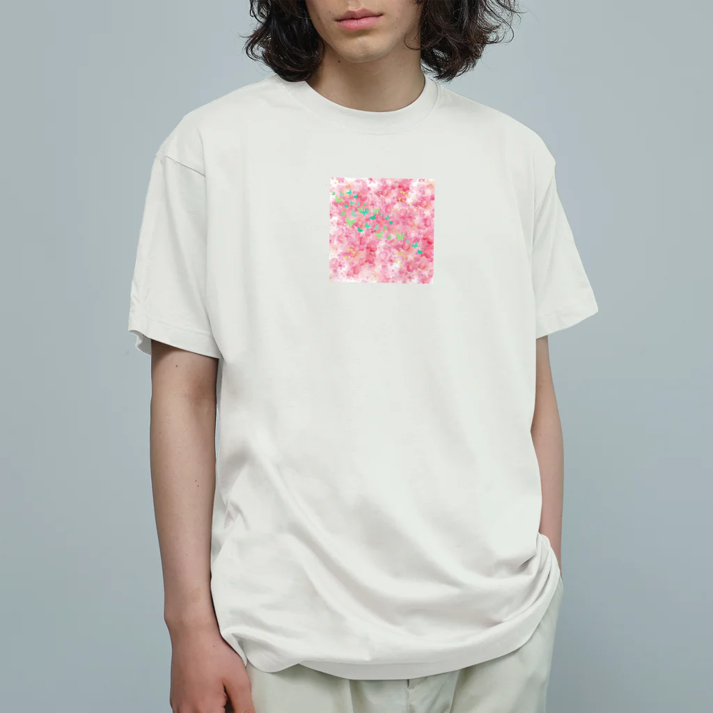 ペコりんショップのピンクフラワーバタフライ オーガニックコットンTシャツ