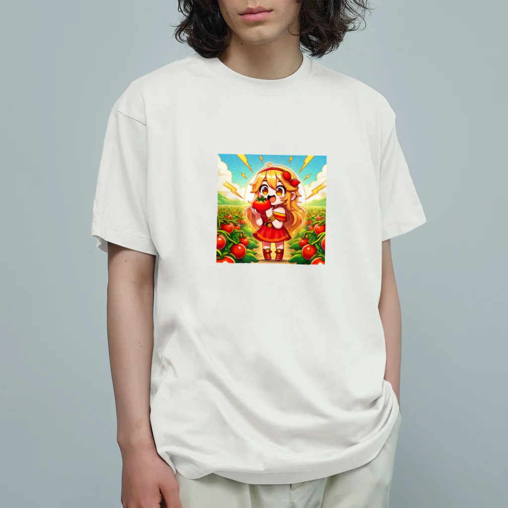 bottaの可愛い、リコピン、トマト食べてる オーガニックコットンTシャツ