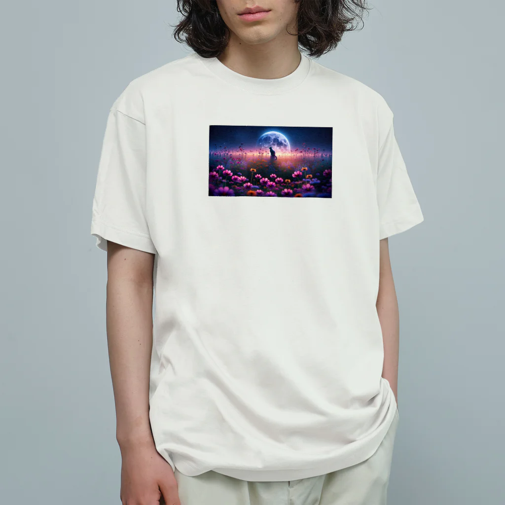 space catの花畑と猫と満月と オーガニックコットンTシャツ