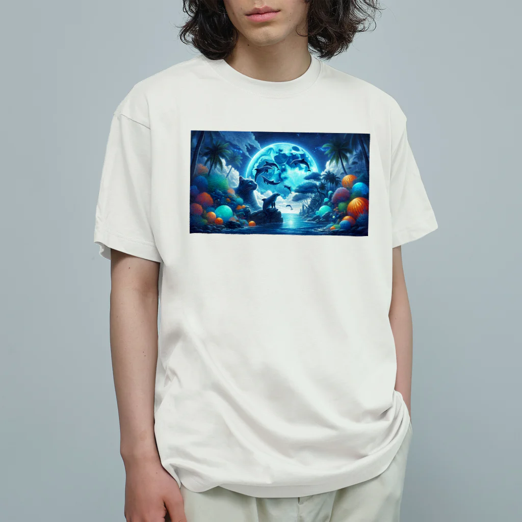 space catの月を見る猫イルカと共に Organic Cotton T-Shirt