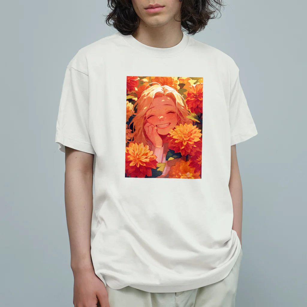 AQUAMETAVERSEのダリアの花の中の笑顔　なでしこ1478 オーガニックコットンTシャツ