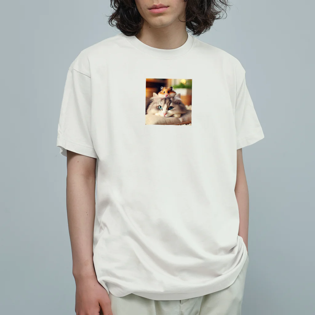 Cartoonの猫とハムスター仲良し Organic Cotton T-Shirt