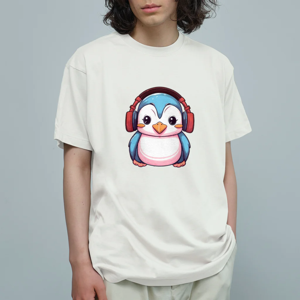 Vasetti_pressの赤いヘッドホンを付けているペンギン Organic Cotton T-Shirt