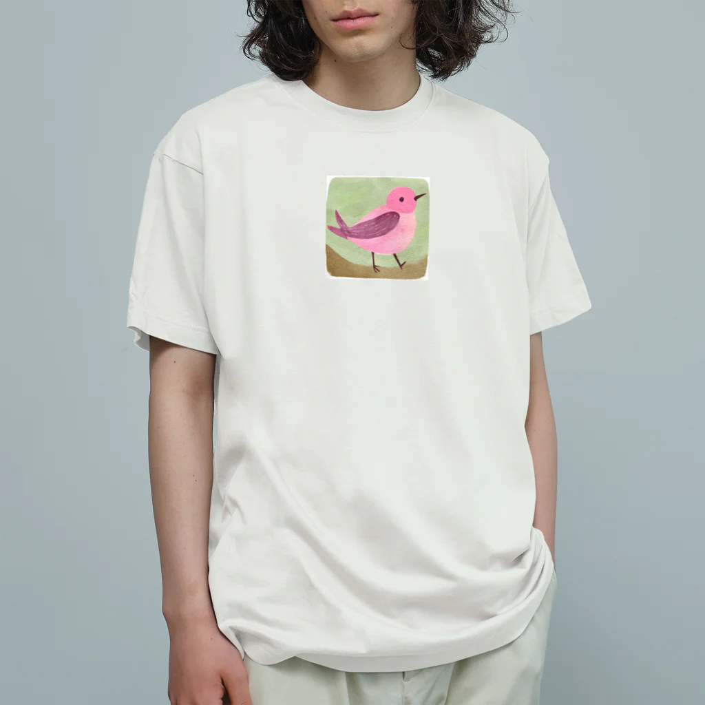 ピンク系水彩画のピンクの鳥さん 水彩画 Organic Cotton T-Shirt