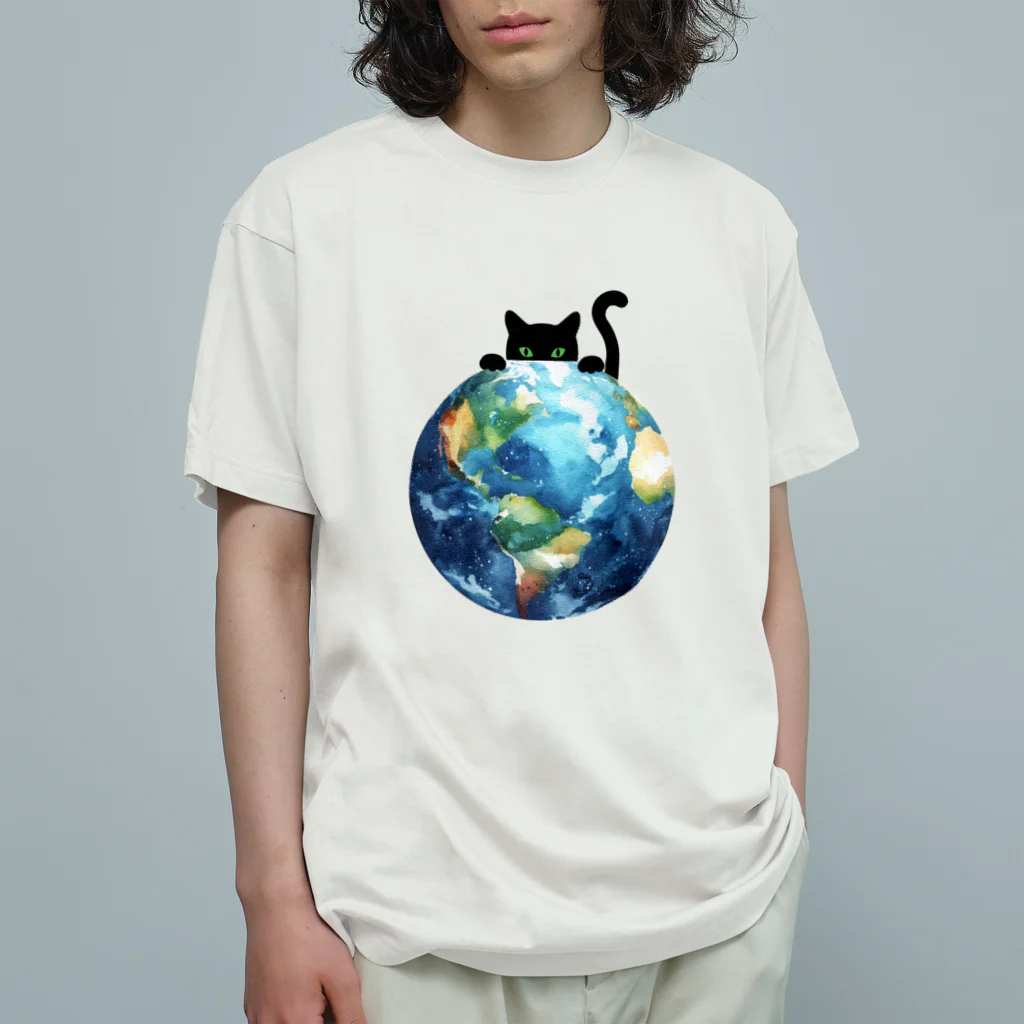 amecatsの地球と黒猫 オーガニックコットンTシャツ