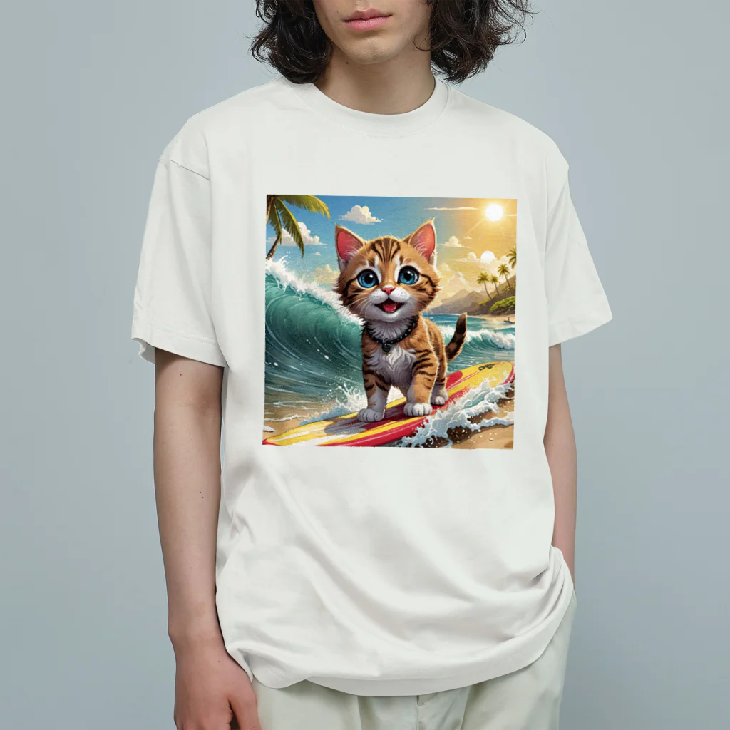 HIROICの猫サーファー オーガニックコットンTシャツ