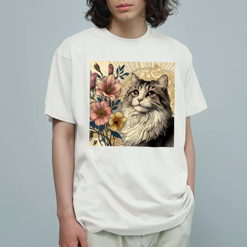 猫の世界のアールヌーボーな猫ちゃぁぁん オーガニックコットンTシャツ