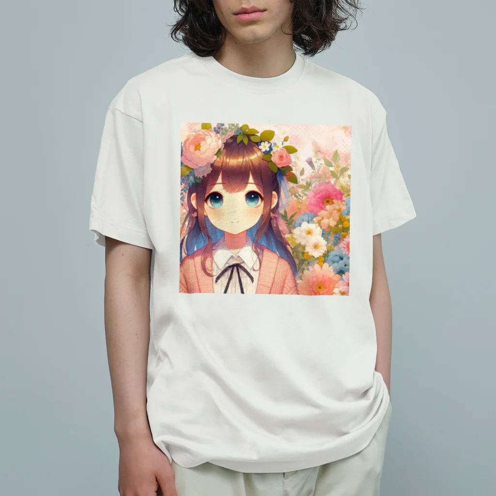 ピクセルパレットの可愛い女の子とお花10 オーガニックコットンTシャツ