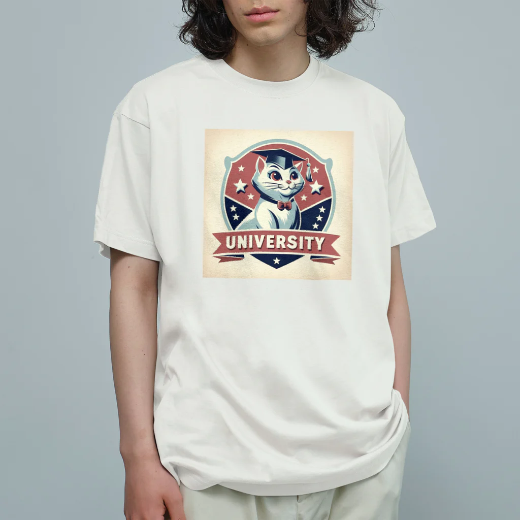猫猫’ズのMeow University シリーズ【白猫】 Organic Cotton T-Shirt