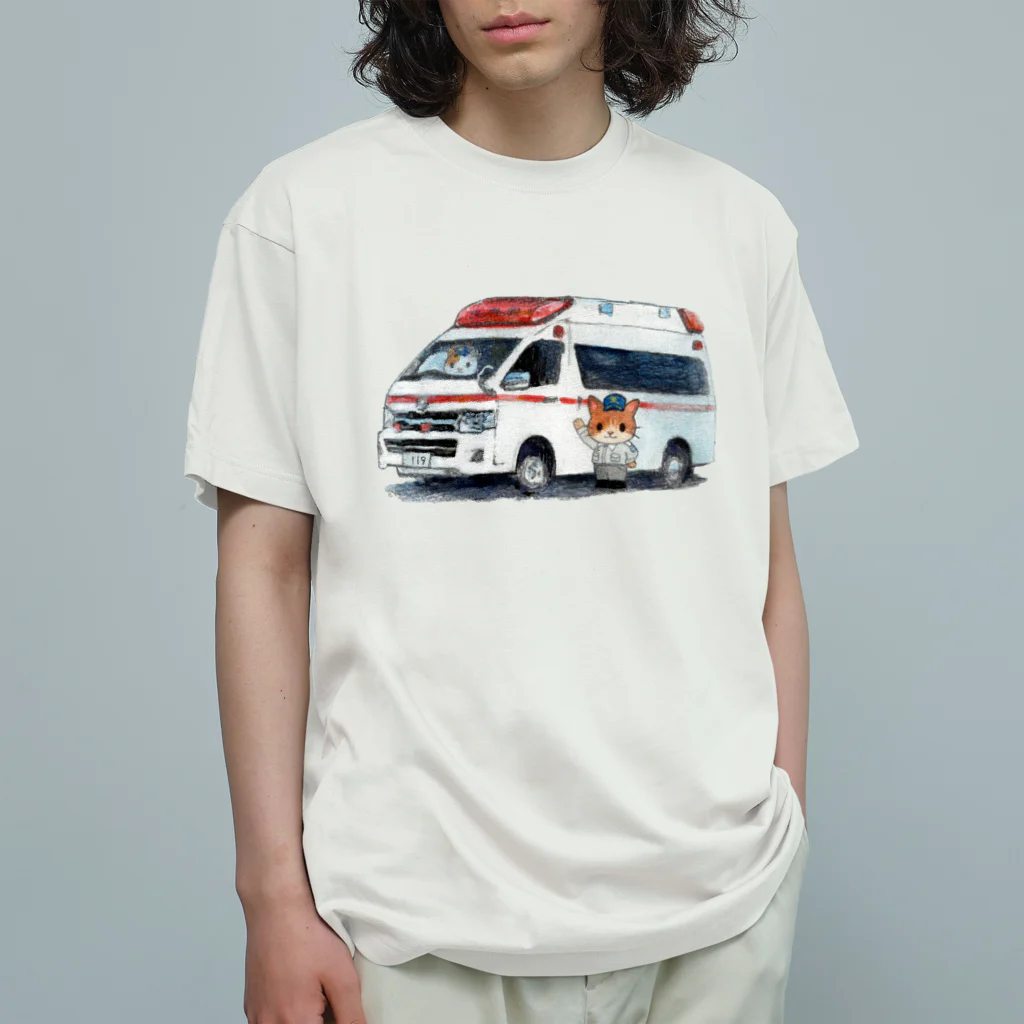 消防 と ねこちゃんの救急車と救急隊のにゃんこ Organic Cotton T-Shirt