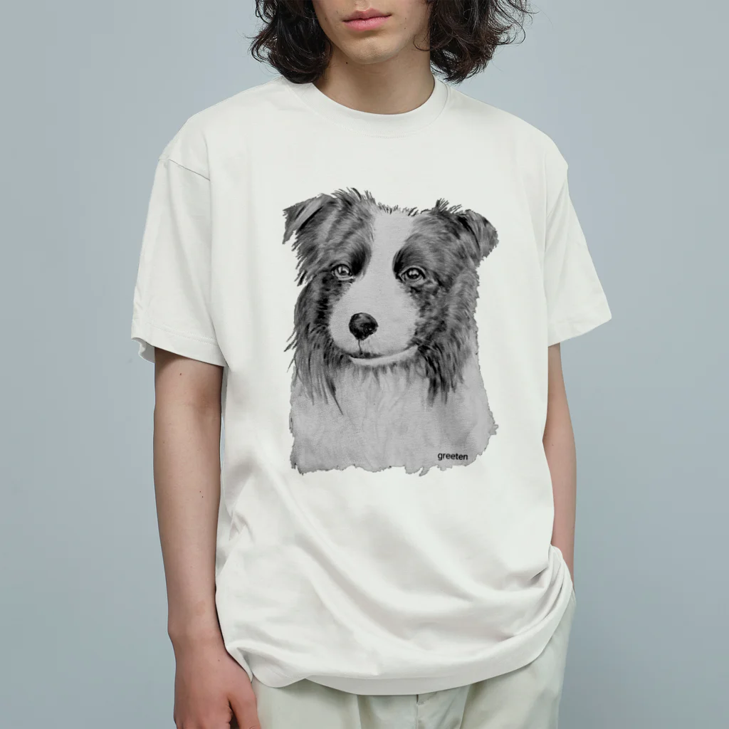 greetenのボーダーコリー　アート犬モノクロ オーガニックコットンTシャツ