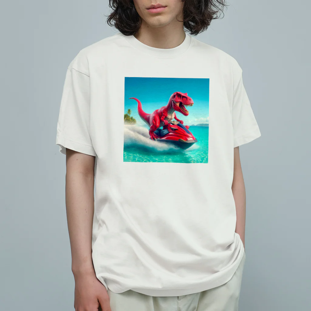 DINO-studioのジェットスキーを楽しむ赤ティラノ オーガニックコットンTシャツ