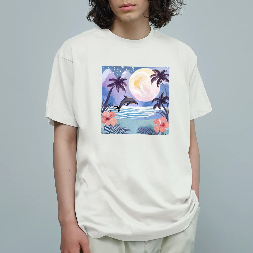 ハワイライフのイルカと満月 Organic Cotton T-Shirt