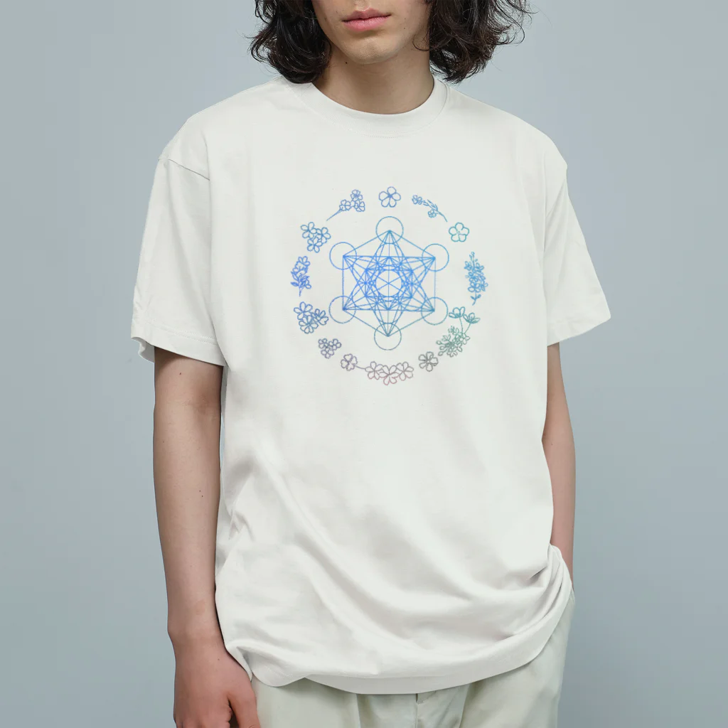 Metatron’s Cube Cosmosのメタトロンキューブ神聖幾何学と優しいパステルカラーの花のリース オーガニックコットンTシャツ