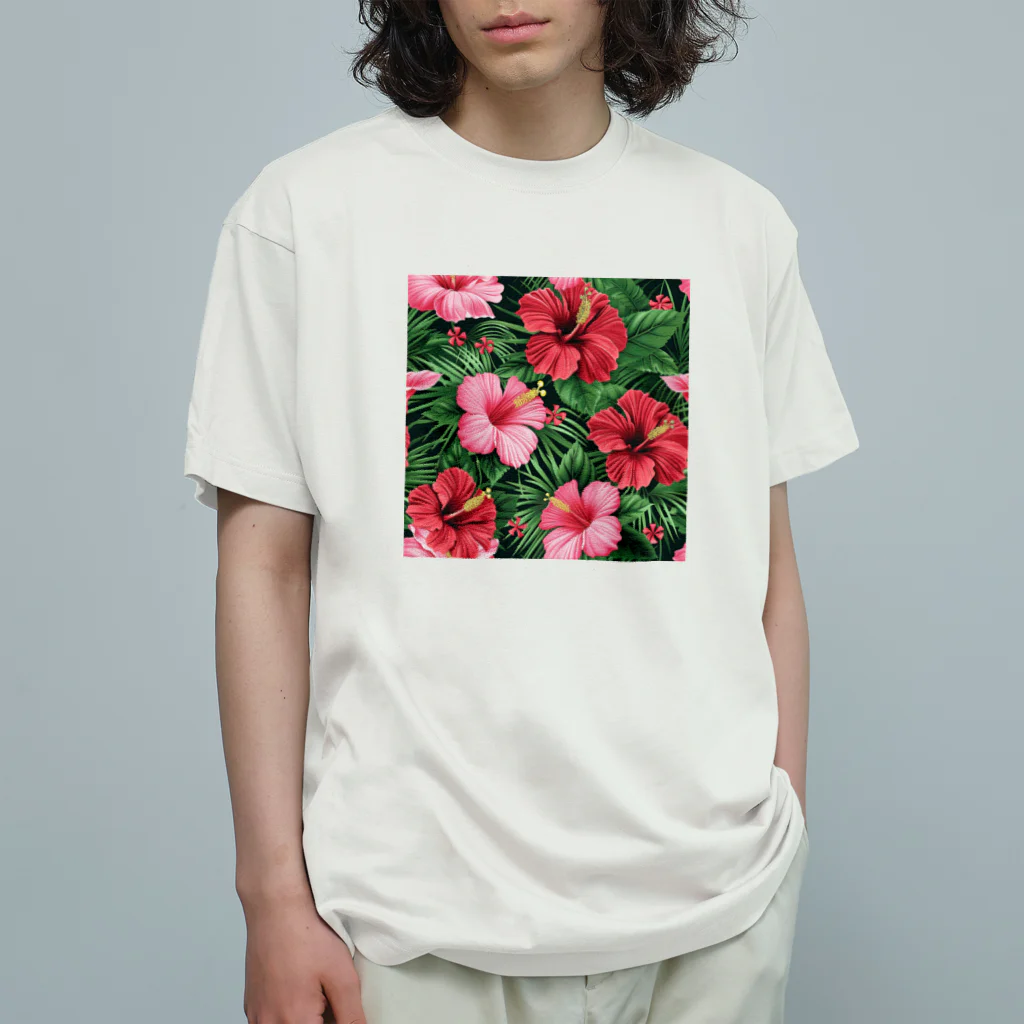 オンラインショップイエローリーフの赤色の花ハイビスカス Organic Cotton T-Shirt