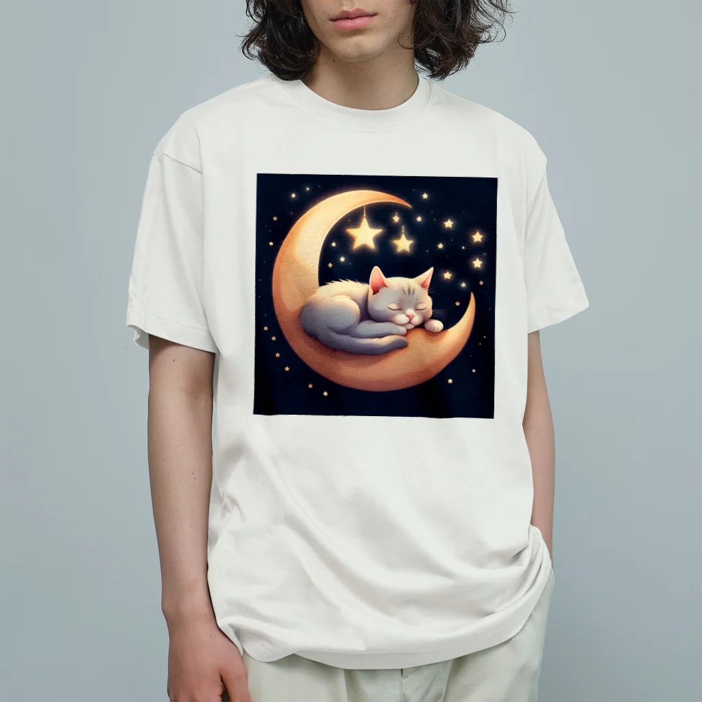 HanaCatStudioの三日月で眠るかわいい猫ちゃん オーガニックコットンTシャツ