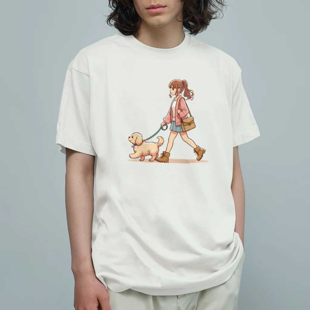 南国のかわいい犬と散歩をする女性 Organic Cotton T-Shirt