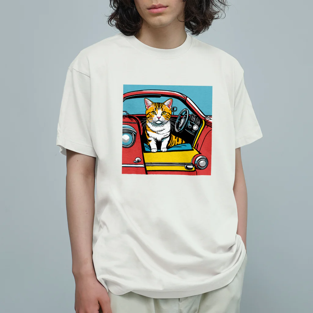 Three Bellsのドライブ猫ちゃん　カラフルアート オーガニックコットンTシャツ