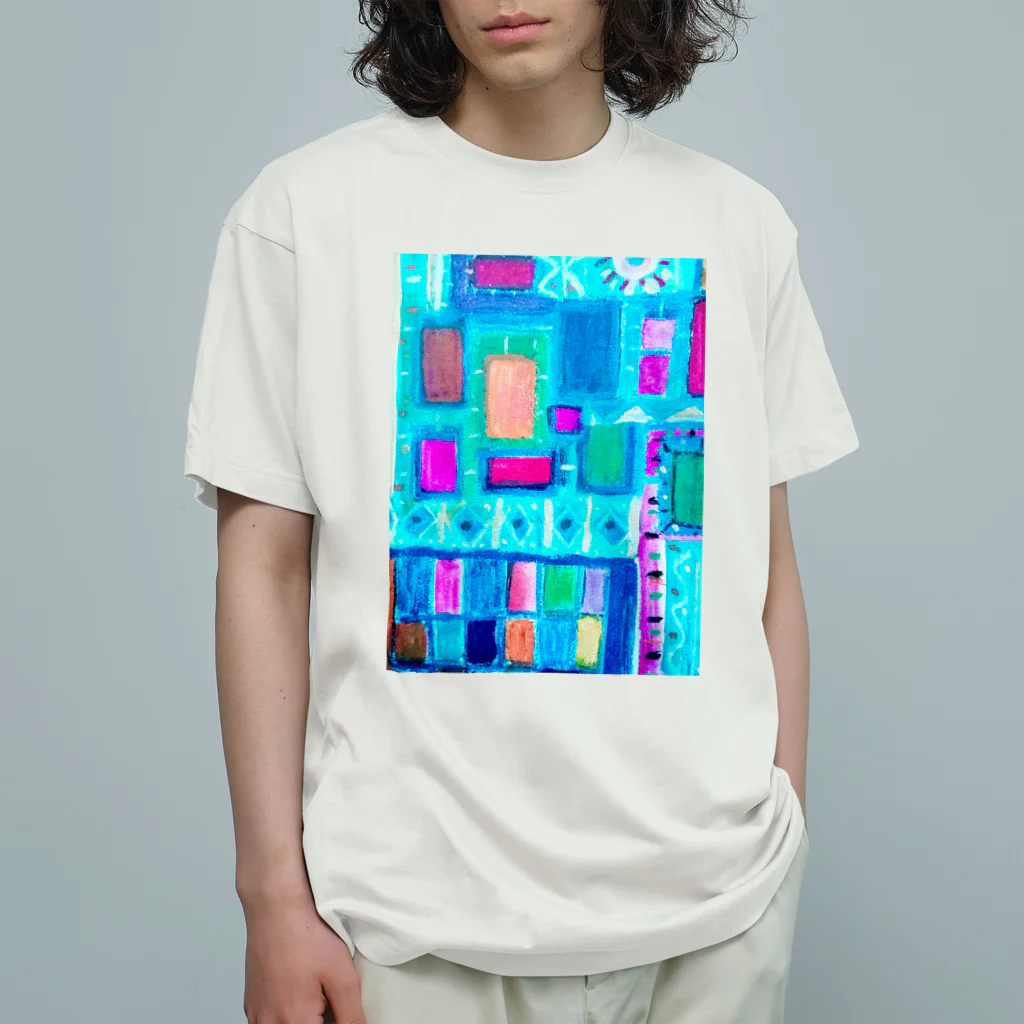 hirakoARTのターコイズスクエア オーガニックコットンTシャツ