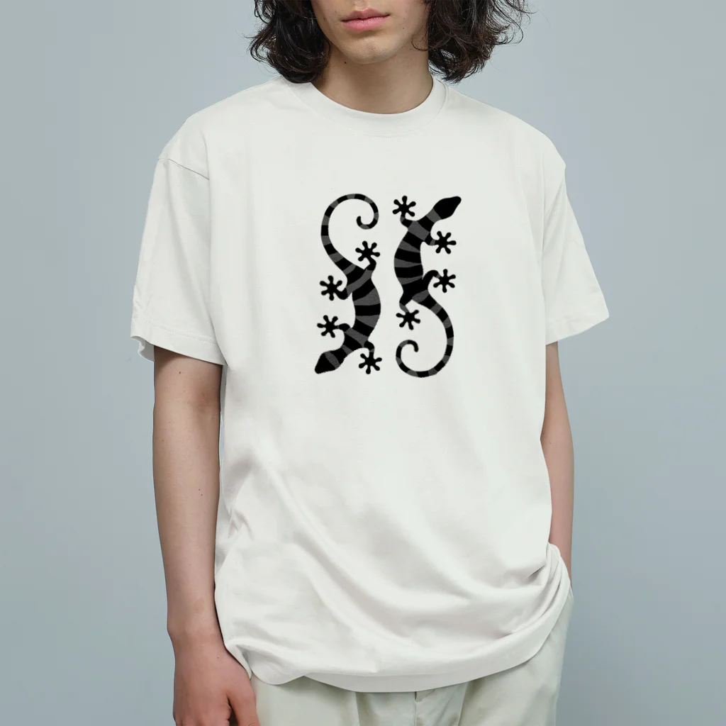 ツバメ堂のしましまのグレーのトカゲ二匹 Organic Cotton T-Shirt