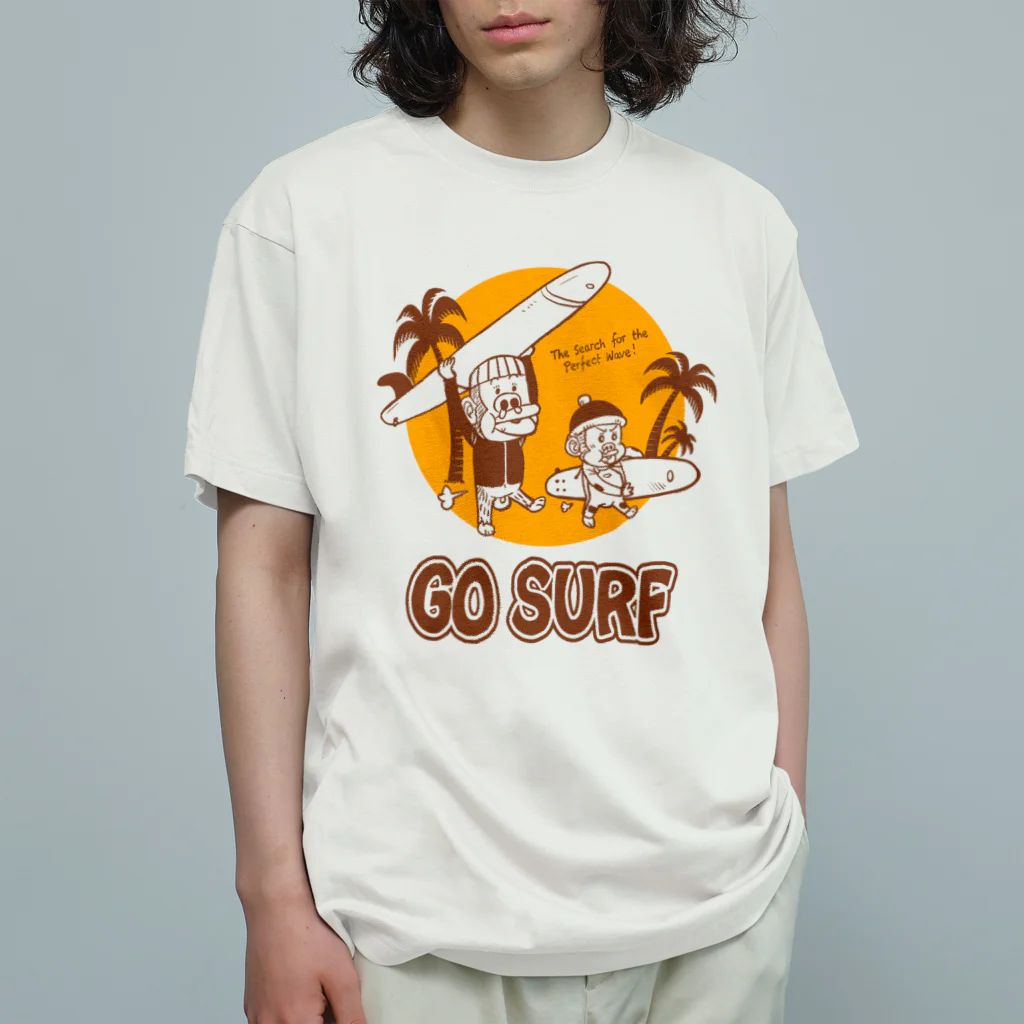 Roots Men's☆ 野生アニマル・オーガニックコットン半袖Tシャツ サーフモンモンA / つの丸 ( ge_ha_mob )のオーガニックコットン