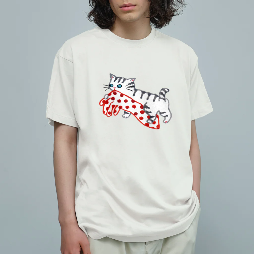 マイマイタケの水玉手袋とねこ オーガニックコットンTシャツ