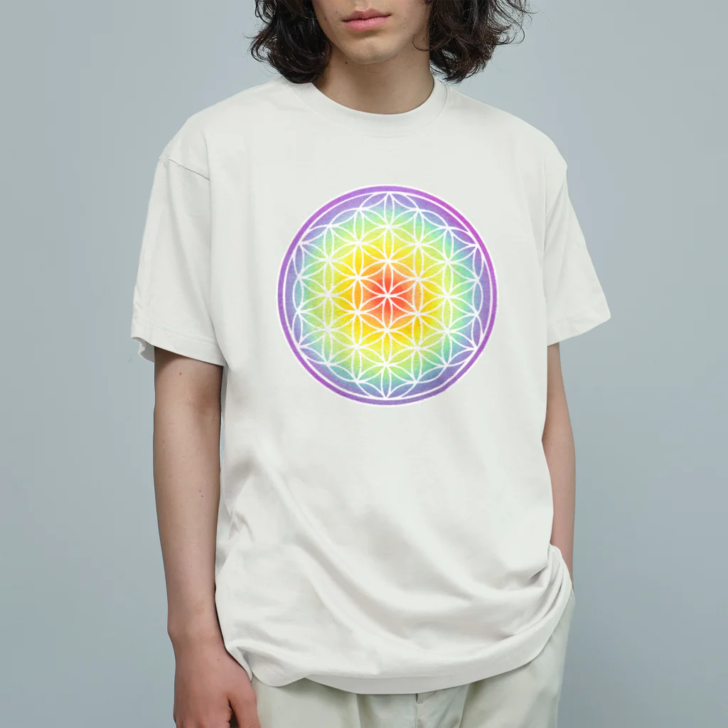  Pastel Design Art 天使のお部屋のパステルフラワーオブライフ（虹） Organic Cotton T-Shirt