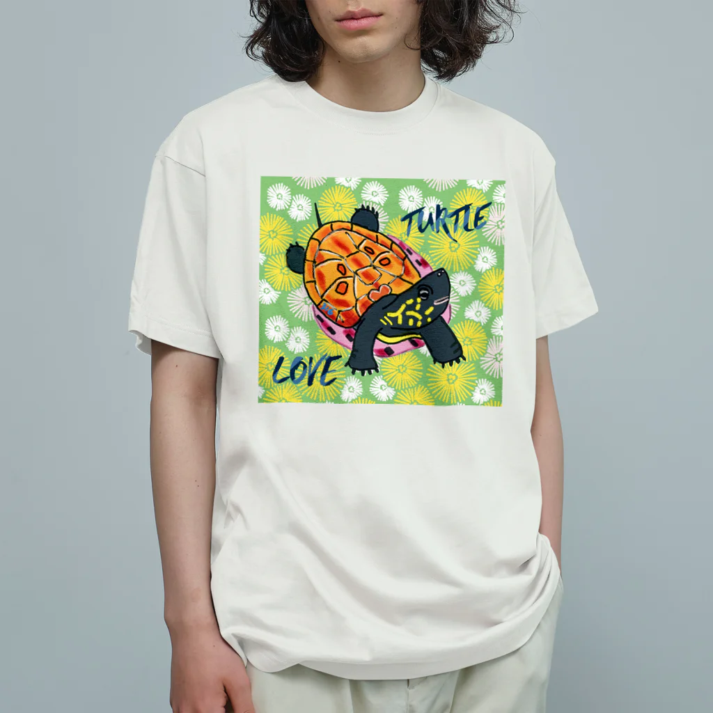 316(MIHIRO)の子亀のクサガメちゃん カラフル オーガニックコットンTシャツ