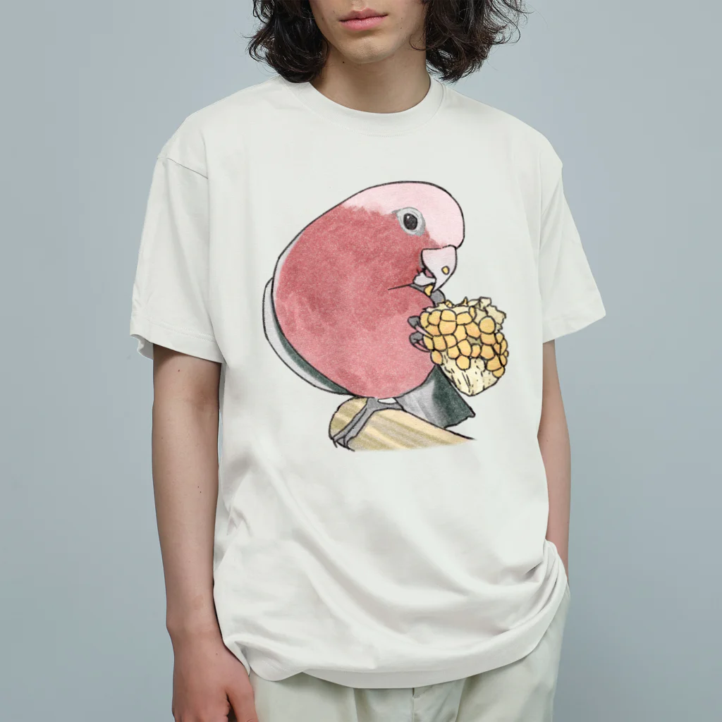 まめるりはことりのモモイロインコちゃんとトウモロコシ【まめるりはことり】 オーガニックコットンTシャツ