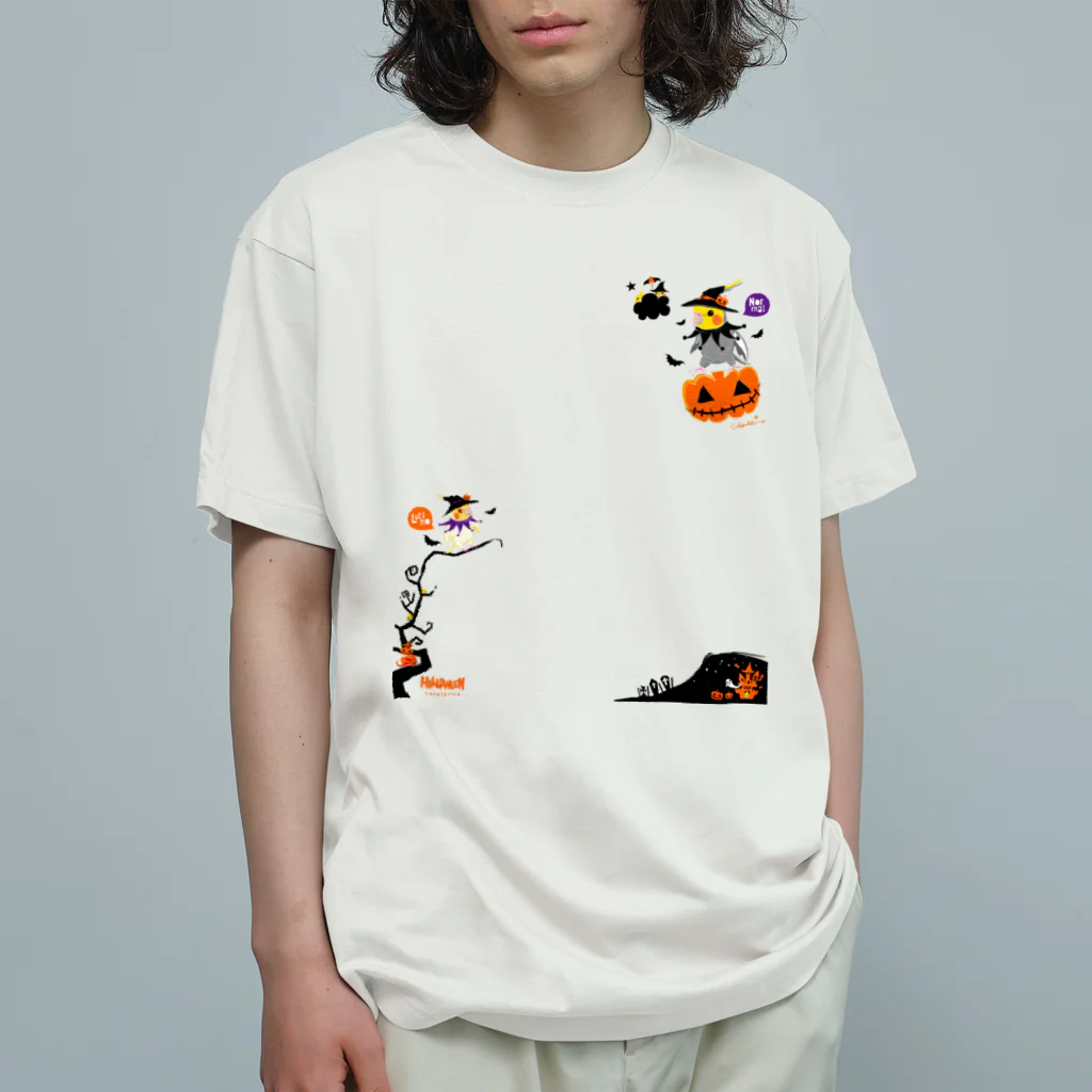 LittleLoroのFlying Pumpkin オカメインコのハロウィン 大きめワンポイント系 0461 オーガニックコットンTシャツ