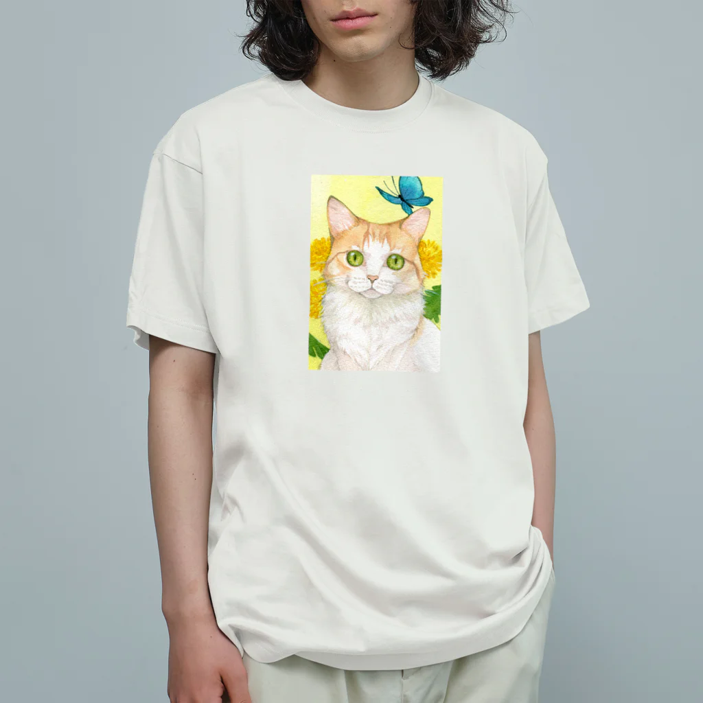 Miaws Shopのタンポポと白茶猫 オーガニックコットンTシャツ