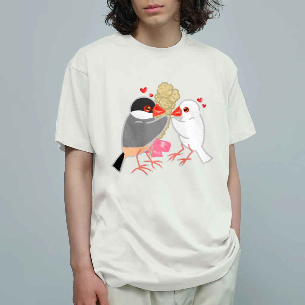 Lily bird（リリーバード）の粟穂をプレゼント 桜&白文鳥 オーガニックコットンTシャツ