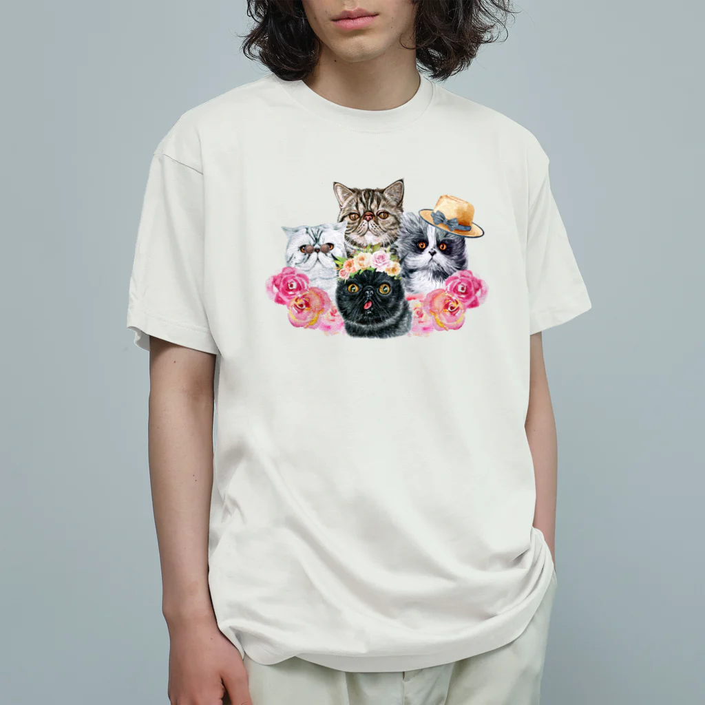 SANKAKU DESIGN STOREの仲良し！ぺちゃかわ猫ちゃんたちのバカンス。 オーガニックコットンTシャツ