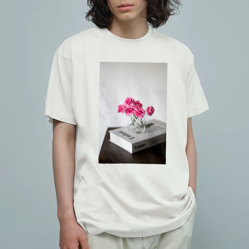 写真プリントのピンクの花 オーガニックコットンTシャツ