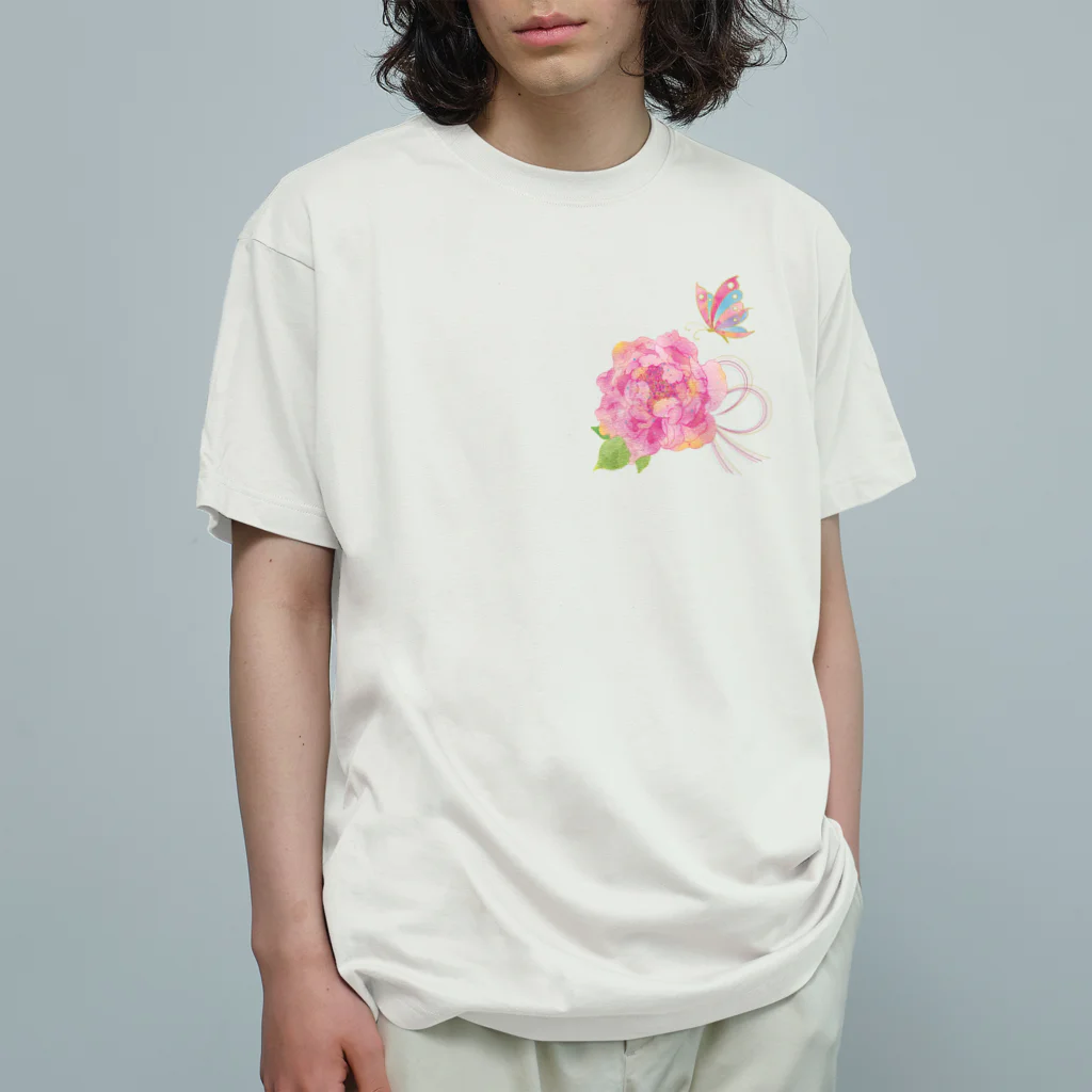 ヒフミヨイの牡丹に蝶+色水引 オーガニックコットンTシャツ