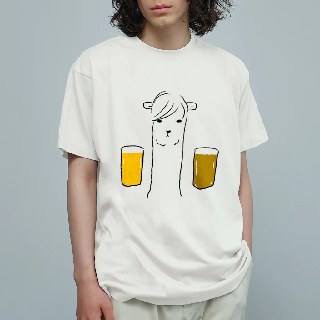 まりねこの店のイケメンアルパカとビール オーガニックコットンTシャツ