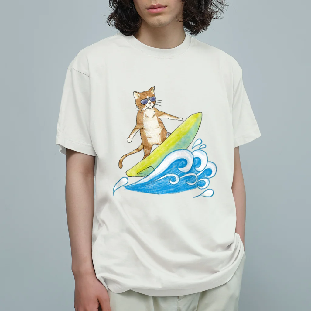 水色気分の猫のサーフィン(水彩ver.) オーガニックコットンTシャツ