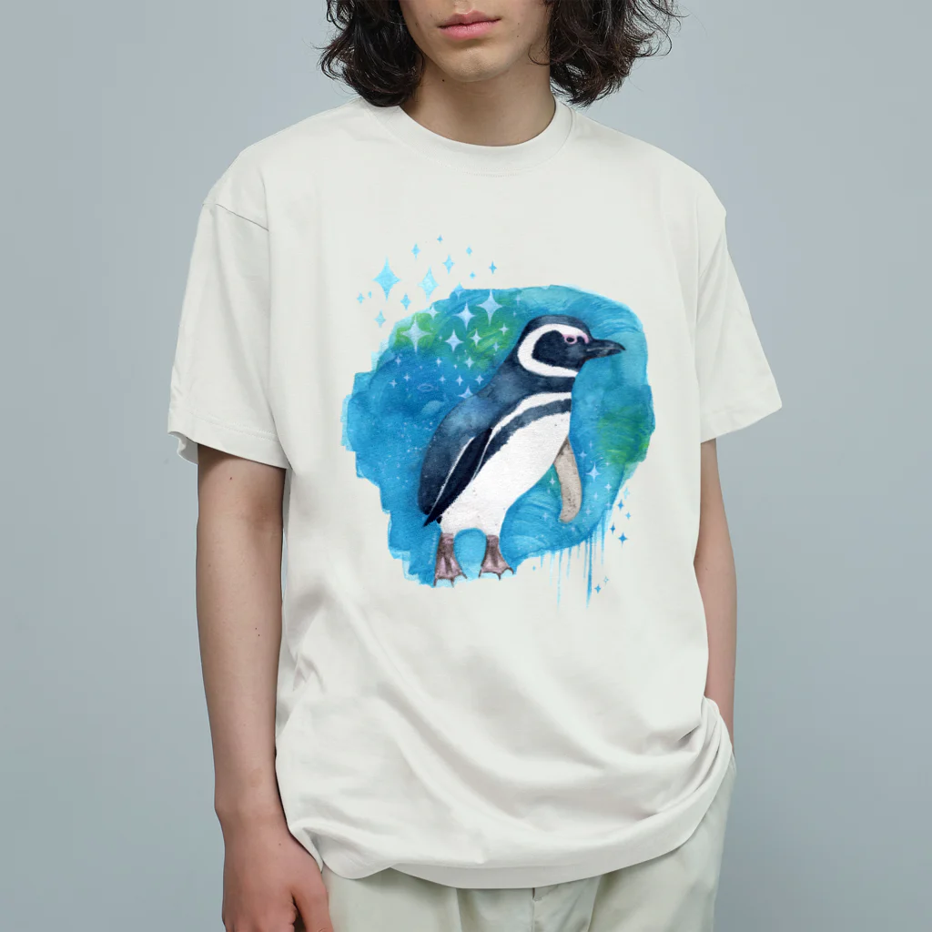 マキバドリのマゼランペンギンと青 オーガニックコットンTシャツ