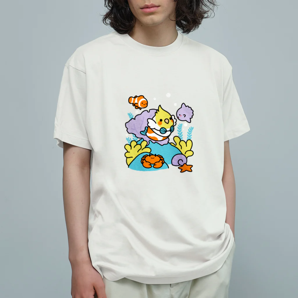 Cody the LovebirdのChubby Bird サンゴ礁を守ろう！　オカメインコと海のお友達 オーガニックコットンTシャツ