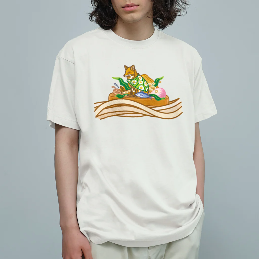 ハナドリカ SUZURI店のきつねうどん オーガニックコットンTシャツ