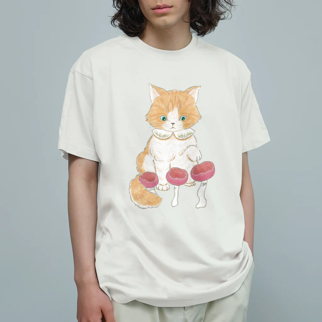 ささくま りさのふわふわネコとウスベニコップタケ オーガニックコットンTシャツ