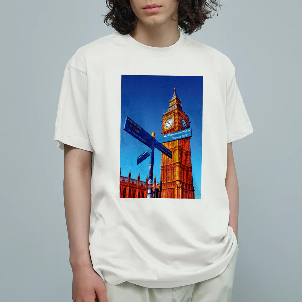 GALLERY misutawoのイギリス ビッグ・ベンと案内板 オーガニックコットンTシャツ