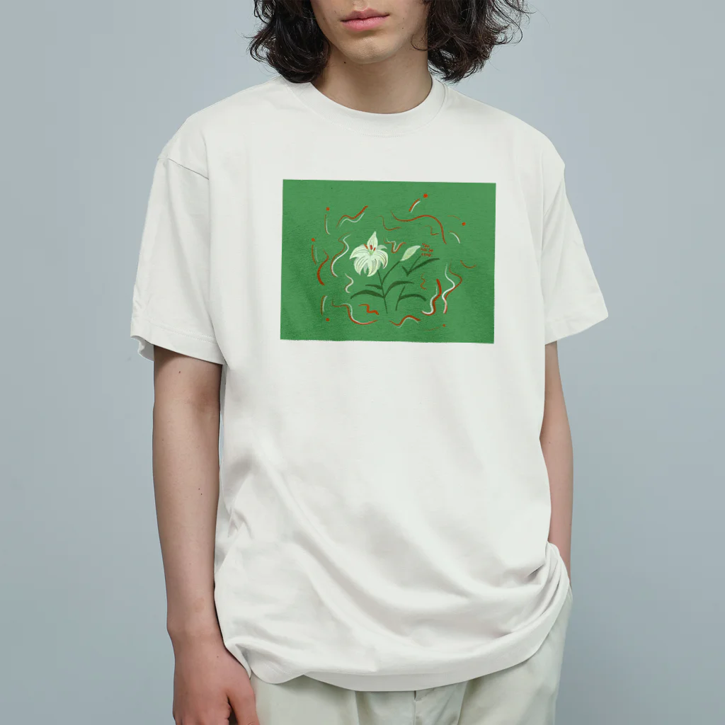 眠たいトリの百合の花 オーガニックコットンTシャツ